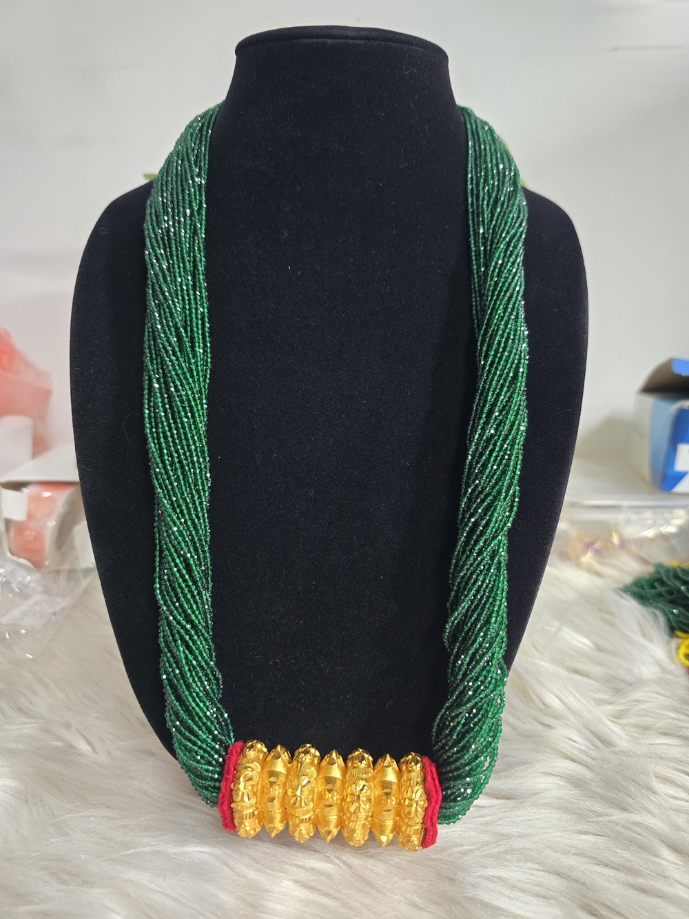 Green Beaded Necklace with Gold Accent - Women Jewelry
